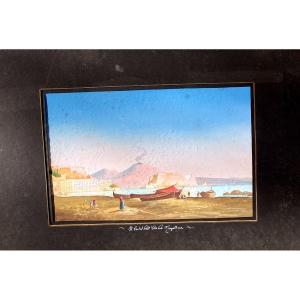 Neapolitan Gouache 19th Century With View Of The Egg Castle And Vesuvius.